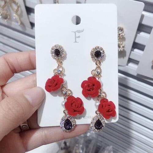 2019 New Vintage Korean Velvet Red Rose Shiny Rhinestone Drop Earrings Long Tassel Pearl Dangle Jewelry Women Gift EC1551