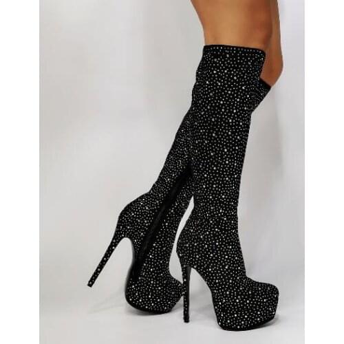 Woman Black Rhinestone Bling Bling Long Boots Round Toe Platform Thin Heels Knee High Boots Lady 100% Real Photos Drop Ship