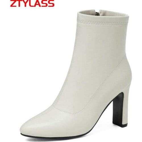 2021 Autumn Women Boots Fashion Square High Heel Ankle Boots Round Toe Slip On Winter Female Shoes
