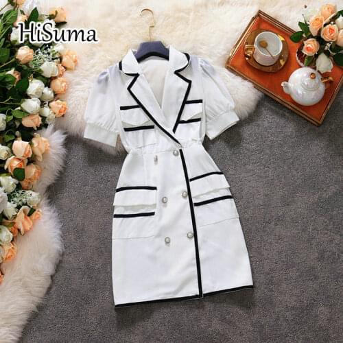 2021 summer new women Retro notched puff sleeve color block double breasted pockets A-line dress female Chic waist OL dresses