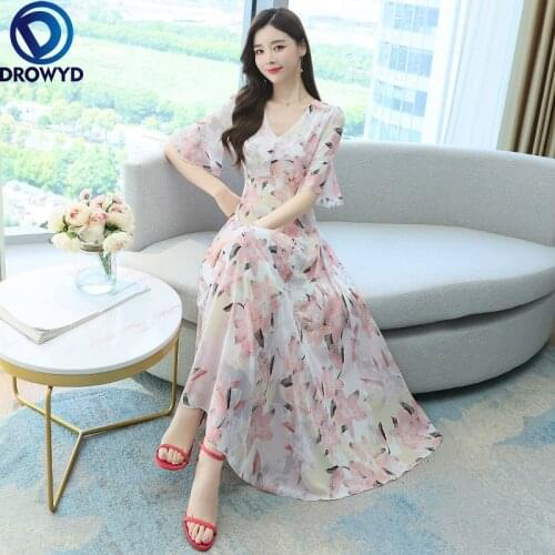 2021 Summer Elegant Women Boho Beach Maxi Dress Party Bodycon Pink Print Vestido Plus Size Vintage Chiffon Casual Midi Sundress