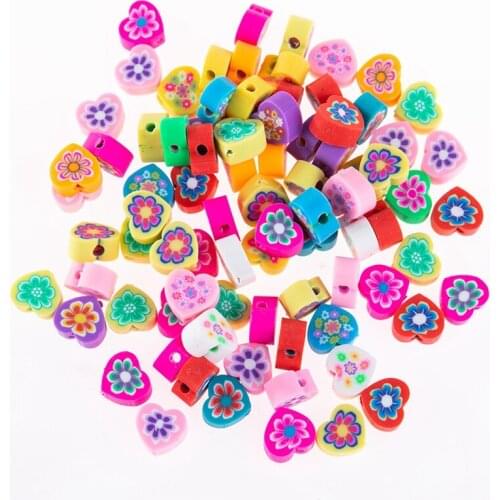 50Pcs Colorful Heart Shape Flower Clay Beads Polymer Disk Loose Spacer Beads for Necklace Bracelets Jewelry Making DIY Supplies