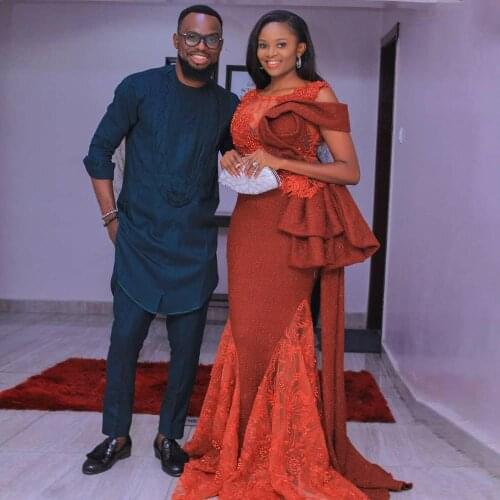 Aso Ebi Lace Beaded Mermaid Evening Dresses Sheer Neck Pearls Long Prom Dress Plus Size Robe de soiree African Formal Party Gown