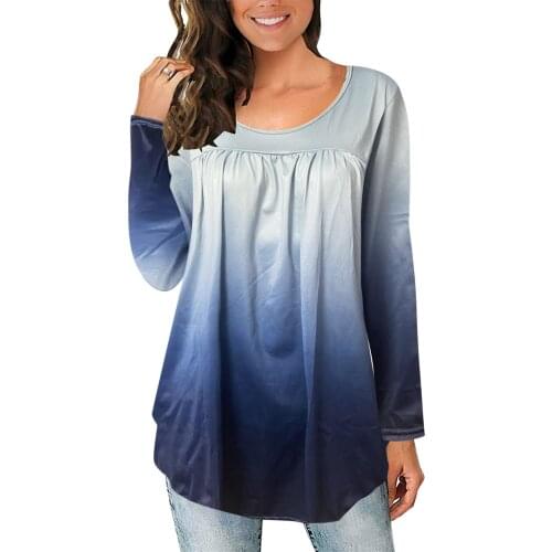 40# Casual Gradient Long-sleeved Blouses Womens Round Neck Pleated Stitching Top Shirt Harajuku Loose Casual Рубашка Женская