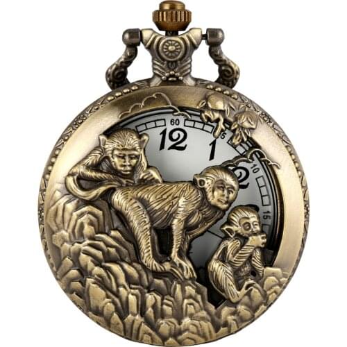 Bronze Half Hunter Chinese Zodiac Monkey Pocket Watch Retro Pendant Watch Necklace Fob Chain Pendant Clock Unisex Gifts