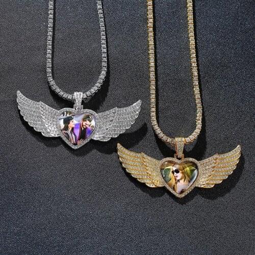 Personalize Custom Photo Wings Medallions Necklace for Men with 5MM Tennis Chain Bling AAA Cubic Zirconia Hip Hop Gifts Jewelry