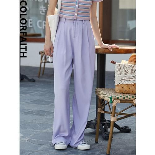 Colorfaith New 2020 Womens Summer Trousers Straight High Waist Casual Korean Style Fashion Wide Leg Draped Purple Pants P1712