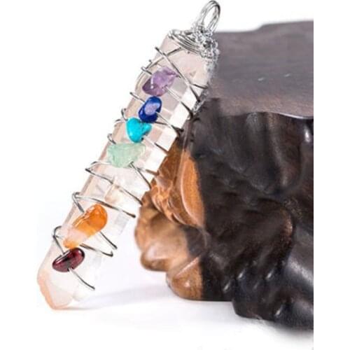 KFT Silver Plated Wire Wrap Natural Irregular Shape Rock Crystal Quartz 7 Chakra Healing Stone Pendant Balancing Jewelry