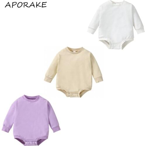 2021 0-24M Infant Baby Boy Girl Jumpsuit Solid Color Casual Long Sleeve Round Neck Spring Fall Playsuit Cotton Outfit