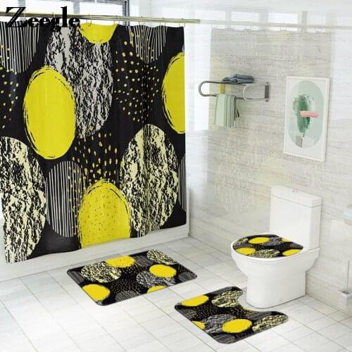 Bathroom Carpet Rug Geometric Printing Bath Mat and Waterproof Shower Curtain Set Absorbent Anti-slip Floor Carpet for Toilet