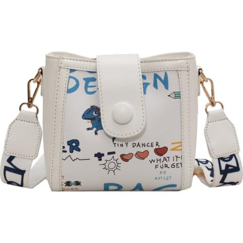 Cute Cartoon Print Bucket Shoulder Bag Youth Girls Small Crossbody Bag Trendy Womens Pu Leather Zipper Daily Shoulder Handbags