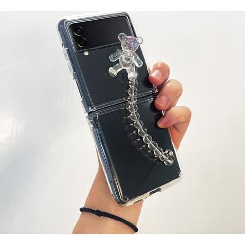 Fashion DIY Super Cute Laser Bear Pendant Crystal Wrist Chain Case For Samsung Galaxy Z Flip 5G 4G 3 Shockproof Clear Case Cover