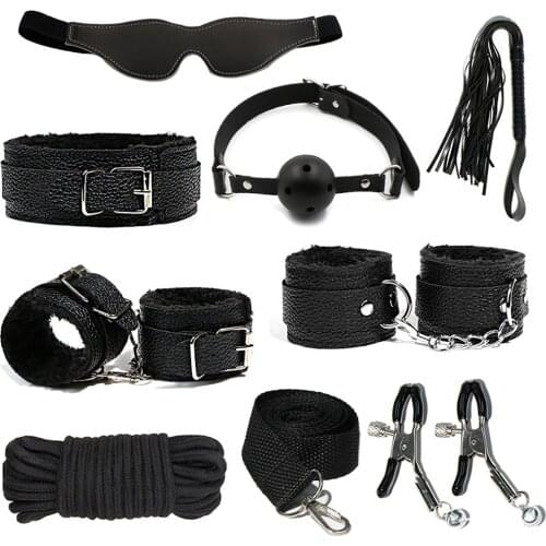 8Pcs Sex Leather Sex Toys Kits Plush Sex Bondage Set Handcuffs Sex Games Whip Gag Shackles Collar For Couples Exotic Accessories