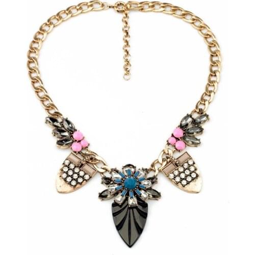 Bulk Price 2014 Vintage Resin Glass Zinc Alloy Gold Color Rhinestone Opaque Flower Chokers Necklace Chokers Necklace