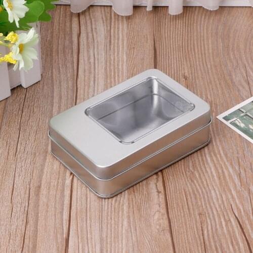 Rectangular Tin Silver Storage Box Case Organizer with Half Clear Window Lid 85LA