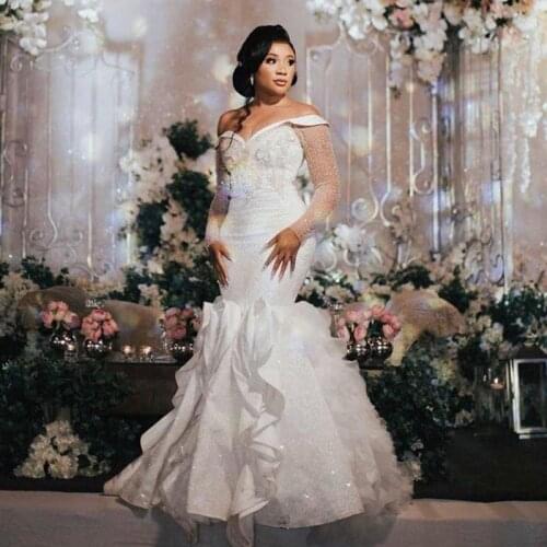Mermaid Wedding Dress Off the Shoulder Long Sleeves Rufflus African Bridal Gowns Plus Size vestido de noiva