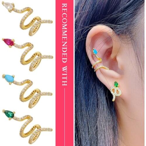ZHUKOU 1 piece 2020 CZ Crystal Snake Shape Ear Cuff Earring Fake piercing clips on earrings for women gold color ear Clips VE285