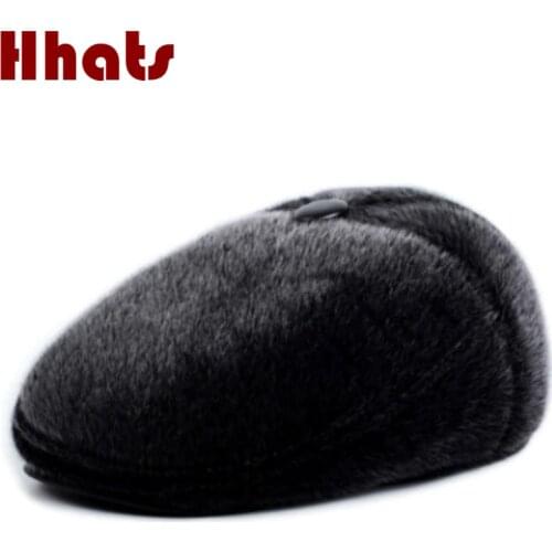 Thick Warm Faux Mink Fur Earflap Cap For Old Men Solid Black Winter Cap Outdoor Windproof Male Bomber Hat Classic Ear Flap Bone