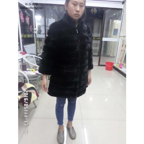 Linhaoshengyue The True of 90CM Long Real Nature Mink Fur Coat Womem Mink Fur Long Coat 50cm Sleeve