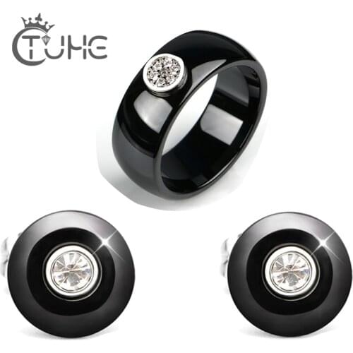 Sparkling AAA Zircon Paved Wedding Jewelry Set for Women Black White Healthy Fashion Ceramic Rings Stud Earrings Christmas Gift
