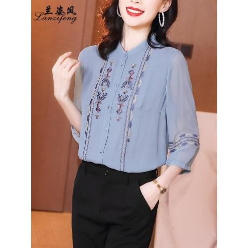 Mulberry silk top women 2021 summer new fashio embroidery, silk shirt Blouse