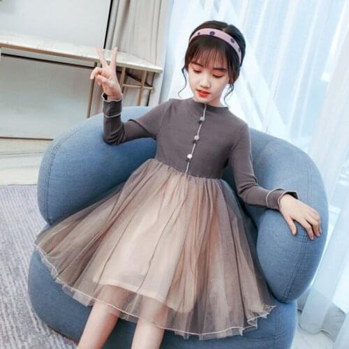 Teen Girls Knitting Patchwork Dress 2021 Spring New Children Long Sleeves Mesh Cute Princess Clothing Fashion, #9387