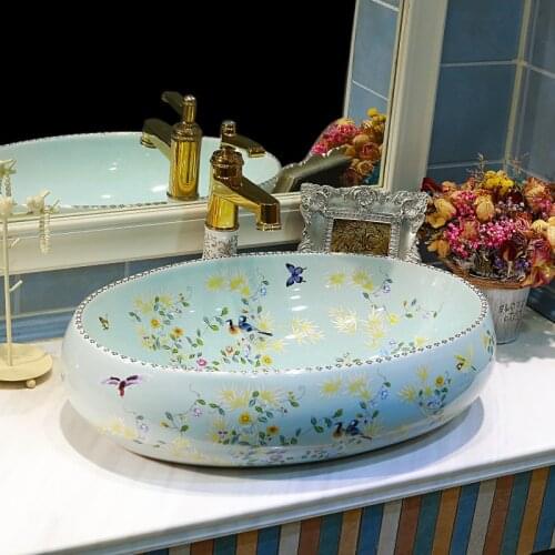 Oval shape Porcelain Bathroom Counter Top Wash Basin Cloakroom Hand Painted Vessel Sink bathroom sinks porcelain vessel sinks