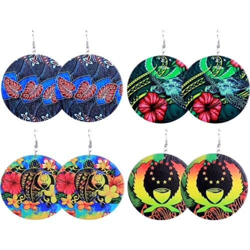 Vintage Painted Wooden Earring Ethnic Tortoise Turtle Statement Round Wood Drop Jewelry Pohnpei State Flag Earrings For Women