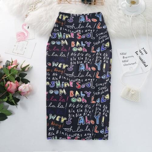 2021 Womens Pencil Skirts letters Printed Graphic Summer Autumn High Waist Slit Tube faldas Woman Stretch Skirt Female