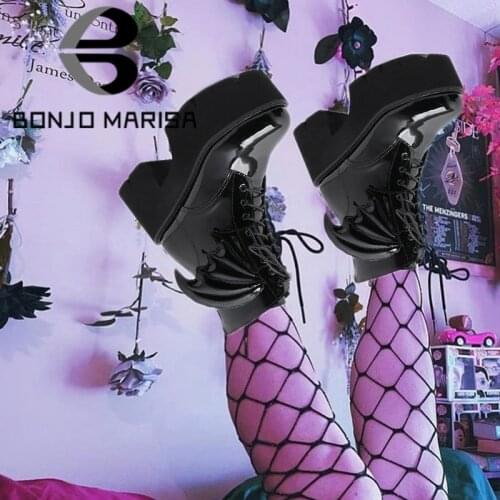 BONJOMARISA 2021 Brand Platform Chunky Heel Bat Wing Lace Up Zipper Goth Black Punk Cool womens Boots Street Black Ankle Boots