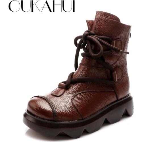 2020 Spring British Style Genuine Leather Mid Calf Platform Boots Women Chunky Autumn Antiskid Lace-Up Flat Platform Boots Woman