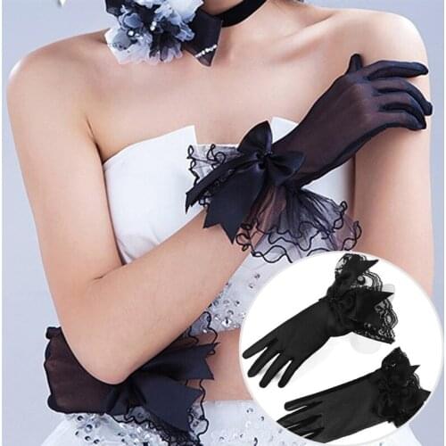 Women Lace Mesh Gloves Ladies White Wrist Gloves Large Bow Knot Marriage Glove Party Cosplay Accessories