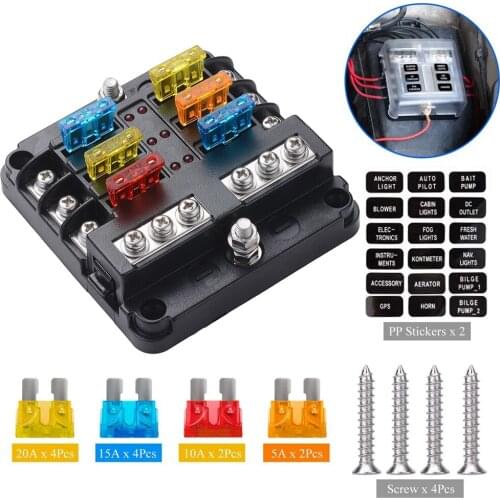 6-Way Fuse Box Blade Fuse Block Holder Screw Nut Terminal W/Negative Bus 5A 10A 15A 20A Free Fuses LED Indicator for Car Marine