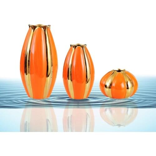 Star Fruit Ceramics Vase Orange Porcelain Vases Desk Decor Golden Stripes Floral Artificial Flowers Home Decoration Modern