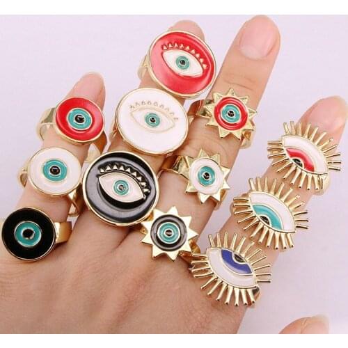 12PCS, Mix color Ring Enamel Eye Finger Rings Adjustable Gold Color Metal Oil Rings For Women Girl