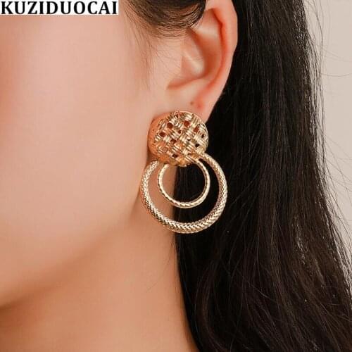 Kuziduocai New Fashion Jewelry Bohe Punk Interweaving Mesh Shape Embossing Circle Statement Drop Earrings For Women Brincos Gift