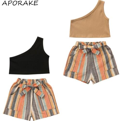 2021 0-6Y Summer Kids Baby Girl Clothing One Shoulder Solid Color Crop Top+Bow Striped Shorts Summer 2pcs Set