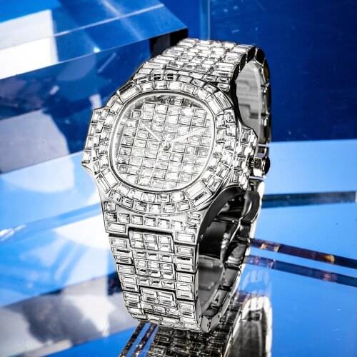 MISSFOX Fully Baguette Diamond Watch Men Hip Hop Style Men Watches Top Brand Luxury AAA Quartz Male Wrist Watch Man Hot Jewelry