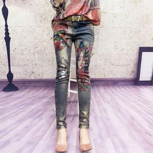 Fashion Boyfriend Jeans for Women Hole Vintage Girls Denim Pencil Printing Pants Female Casual Slim Trousers Graffiti Jeans