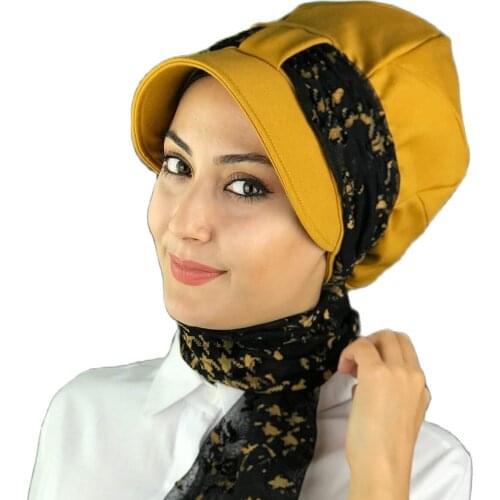 Islamic Fashion Muslim Women Hijab 2021 Trend Single Size Bathing Cap Beret Ready Shawl Scarf Buckle Hat Honey Color Hijab Women hat