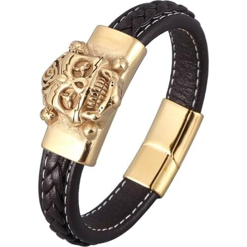 Fashion Brown Braided Leather Rope Bracelet Men Punk Jewelry Gold Stainless Steel Skull Magnetic Buckle Bangles Male Gift PD0900