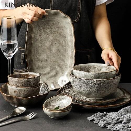 KINGLANG 1/2/4/6/8 Person Dinnerset Japanese Style Retro Design Ceramic Dinner Plate Wholesale Tableware Set