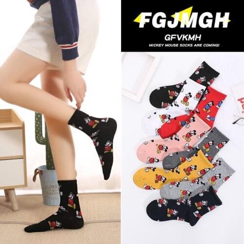 Cartoon Mickey Middle Tube Socks Female Korean Black and White Mickey Mouse Cotton Socks All-match Breathable College Style