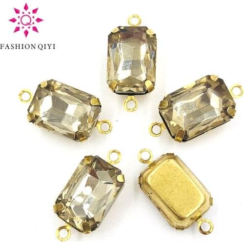 New Hot 10X14mm Rectangular octagon sew on rhinestones Light coffee Gold base Glass crystal double loop pandent diy accessories