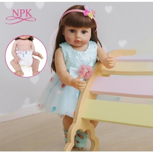 NPK 55CM reborn todder girl gift fashion doll blue skirt lifelike real soft touch full body silicone rooted hair