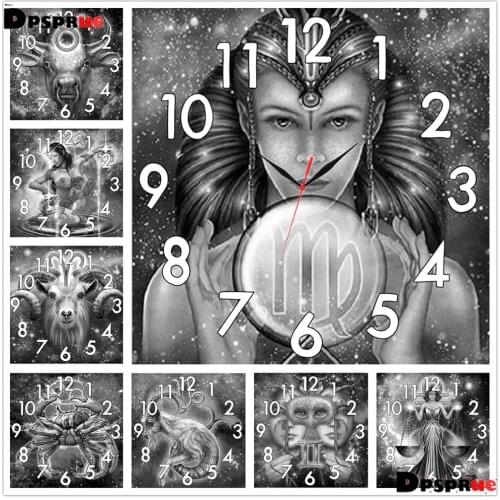 Full Drill 5D Diy Square Round Diamond Painting With Clock Cross Stitch 12 Constellations Black White Mosaic 3d Embroidery
