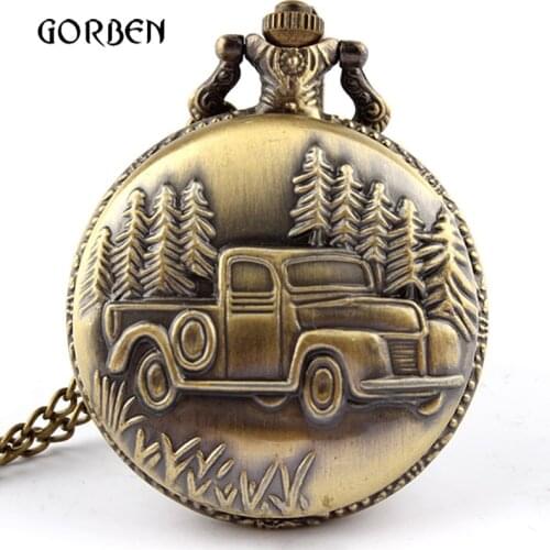Retro Bronze Car Truck Pocket Watch Antique steel pocket fob watches long chain Necklace Gift relogio de bolso