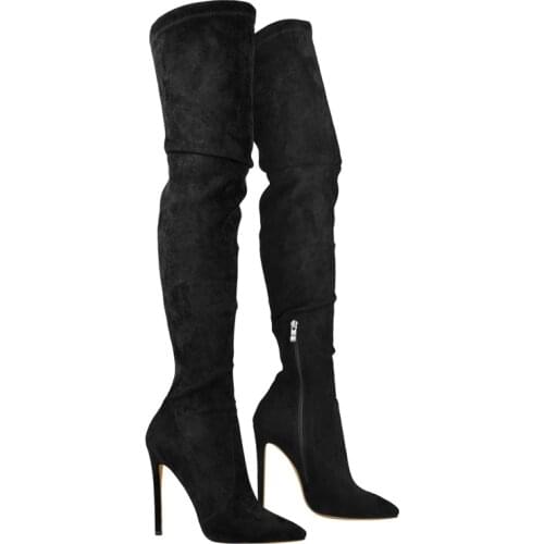 Richealnana Women Black Stretch Over the Knee Boots Pointed Toe Thin Heeled Stiletto Side Zip Black Fashion Long Boots Big Size