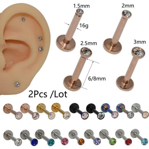 2Pcs 16g 1.5-3mm AAA Zircon Labret Lip Bar Stud Piercing 16 Gauge Stainless Steel Cartilage Ear Tragus Stud Piercing Earring