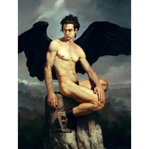 Old artist hand painted the original oil painting "artistic portrait of the naked Archangel body" on the canvas